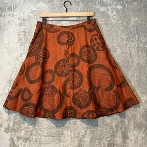 Vtg Boho Linen Skirt Rust Brown‎ Circle Print & Beaded Details Earthy Tones Sz 4